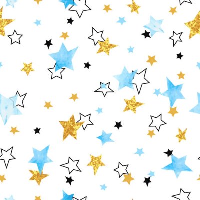 Seamless modèle d'étoiles. Vectoriel d'arrière-plan avec l'aquarelle bleue et les étoiles d'or scintillantes.