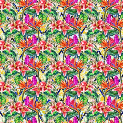 Papier peint  Seamless modèle tropical. Aquarelle peinte à la main plantes exotiques: fleurs de strelitzia et bromélia, lys roses, feuilles de calathea sur chevron et fond de taches de léopard. Conception textile.