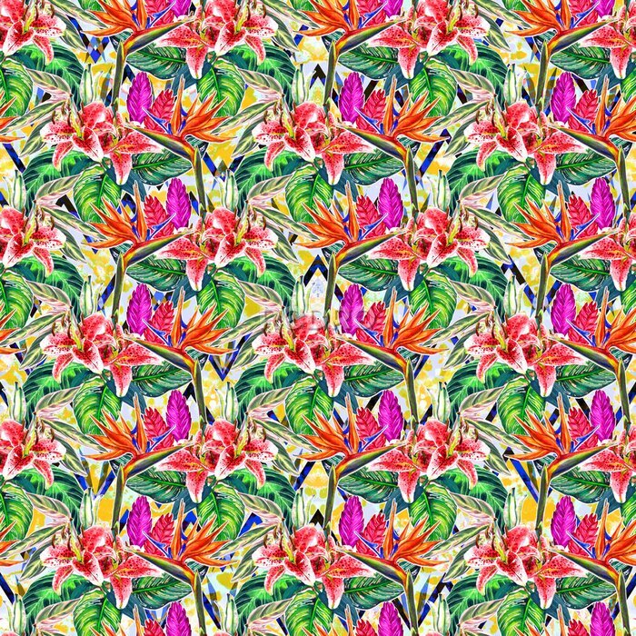 Papier peint  Seamless modèle tropical. Aquarelle peinte à la main plantes exotiques: fleurs de strelitzia et bromélia, lys roses, feuilles de calathea sur chevron et fond de taches de léopard. Conception textile.
