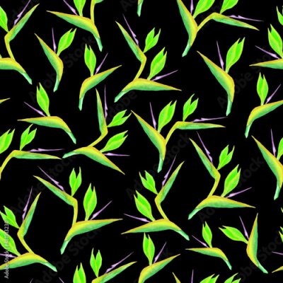 Papier peint  Seamless neon flower pattern. Strelitzia flower isolated on black background. Strelitzia, crane lily, bird of paradise. Design for fashion textile, wallpapers, greeting cards.