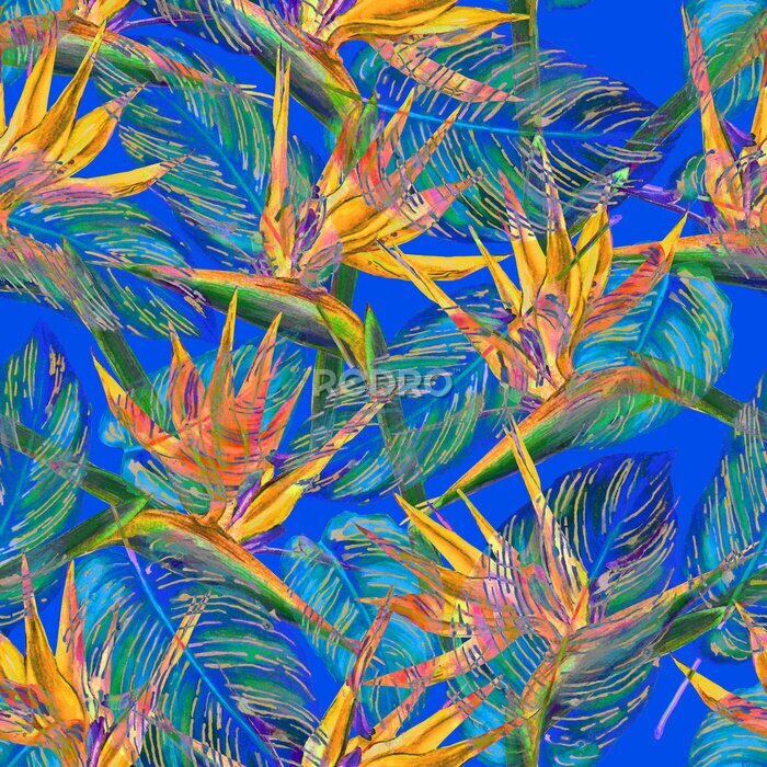 Papier peint  Seamless, oiseau, paradis, fleur, modèle Main, peint, aquarelle, exotique, fleurs, strelitzia, feuille, calathea, cobalt, bleu, fond Conception textile.