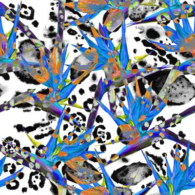 Papier peint  Seamless, oiseau, paradis, fleur, modèle Main, peint, aquarelle, exotique, fleurs, strelitzia, léopard, taches, fond Effet mixte. Conception textile.