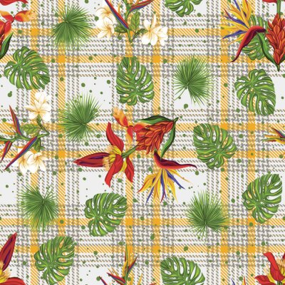 Papier peint  Seamless pattern, background with tropical plants, monstera,strelitzia, bougainvillea, hibiscus,palm background
