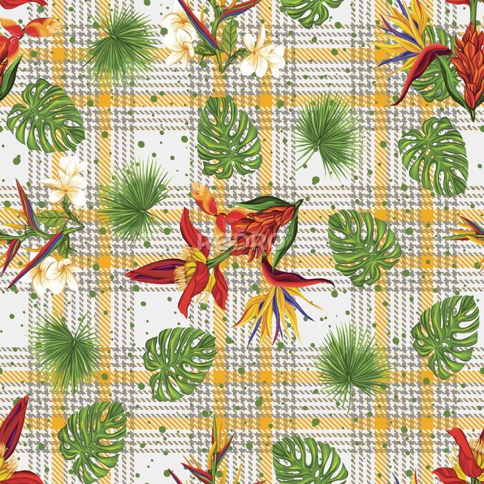 Papier peint  Seamless pattern, background with tropical plants, monstera,strelitzia, bougainvillea, hibiscus,palm background