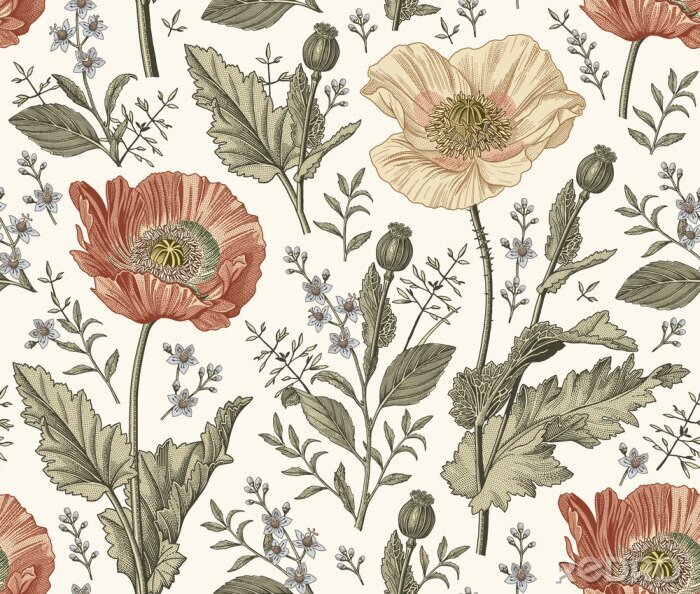 Papier peint  Seamless pattern. Beautiful blooming realistic isolated flowers. Vintage background fabric. Poppy Croton wildflowers. Wallpaper baroque. Drawing engraving sketch Vector victorian