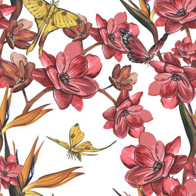 Papier peint  Seamless pattern butterfly, red flower, strelitzia isolated on white. Watercolor hand drawn illustration. Art for design