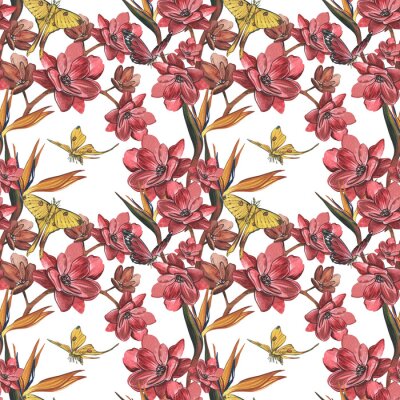 Papier peint  Seamless pattern butterfly, red flower, strelitzia isolated on white. Watercolor hand drawn illustration. Art for design