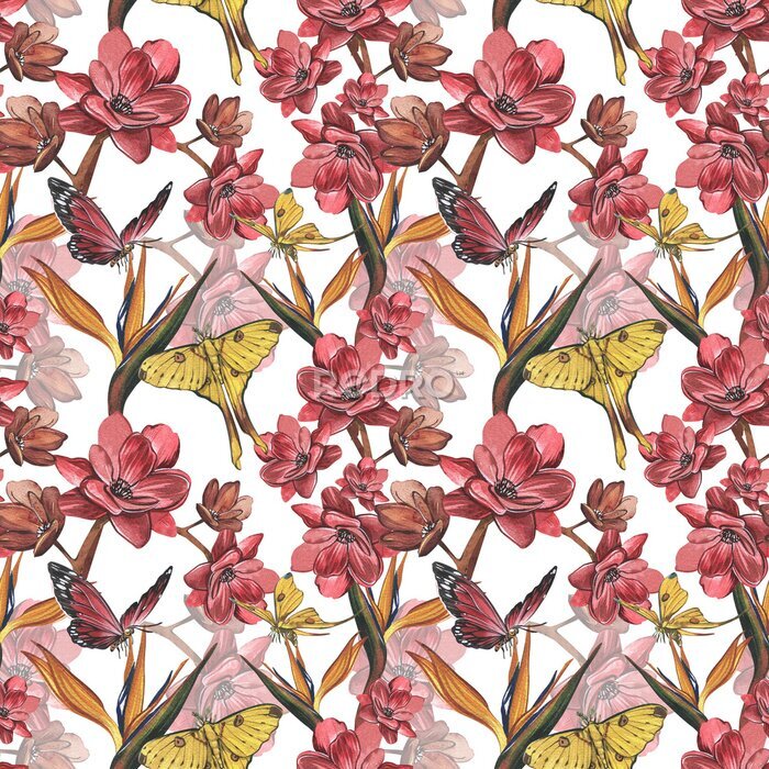 Papier peint  Seamless pattern butterfly, red flower, strelitzia isolated on white. Watercolor hand drawn illustration. Art for design