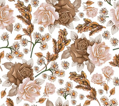 Seamless pattern. Chamomile Roses Ears wildflowers. Beautiful blooming realistic isolated flowers. Vintage background fabric. Wallpaper baroque Drawing engraving sketch. Vector victorian illustration.