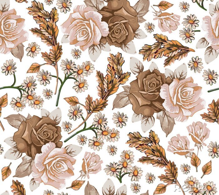 Papier peint  Seamless pattern. Chamomile Roses Ears wildflowers. Beautiful blooming realistic isolated flowers. Vintage background fabric. Wallpaper baroque Drawing engraving sketch. Vector victorian illustration.