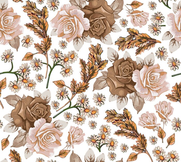 Papier peint  Seamless pattern. Chamomile Roses Ears wildflowers. Beautiful blooming realistic isolated flowers. Vintage background fabric. Wallpaper baroque Drawing engraving sketch. Vector victorian illustration.