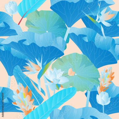 Papier peint   Seamless pattern. Delicate orange aquatic and tropical flowers with large blue leaves on a light background. Vector illustration. Picture with lilies and strelitzia.