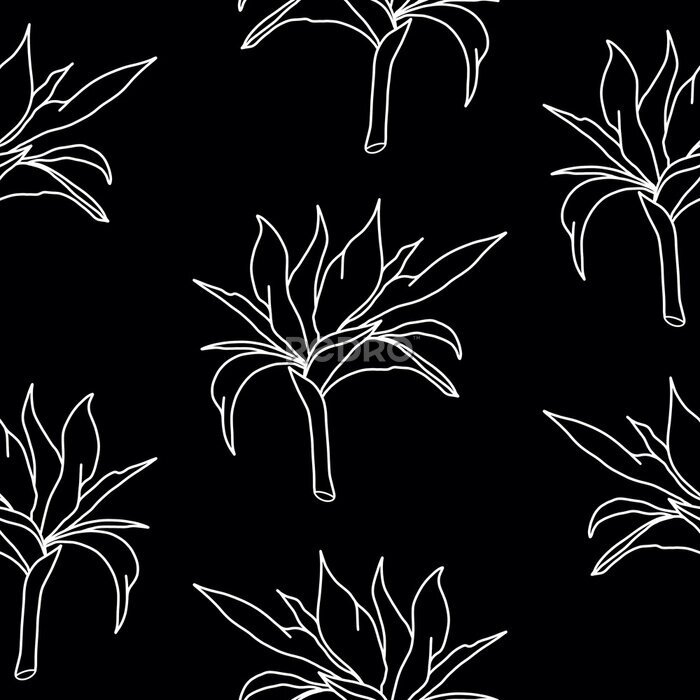 Papier peint  Seamless pattern doodle line art white strelitzia on a black background. For textiles, packaging, wallpaper, advertising