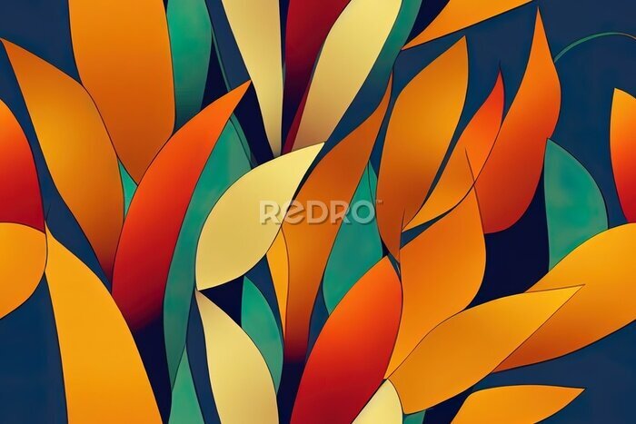 Papier peint  Seamless pattern in an abstract style of art. Strelitzia blooms, a tropical exotic accent. A flowery pattern in a vibrant summer color. images Generative AI