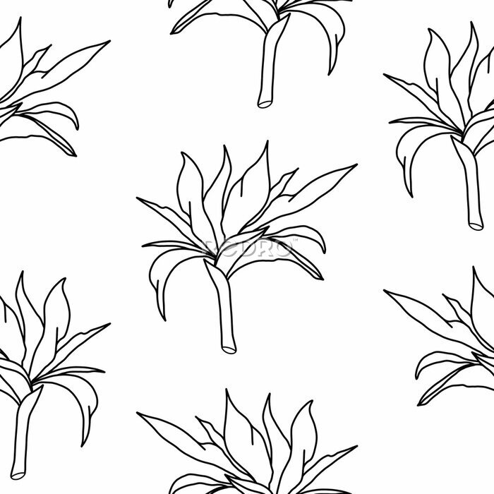 Papier peint  Seamless pattern line art tropical flowers and plants in black on a white background. Strelitzia doodle black. Suitable for wallpaper, textile, design.