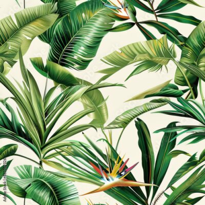 Papier peint  Seamless pattern of a fine and exclusive wall paper of palm tree leaves and other jungle leaves as well as a strelitzia flower on a soft white background