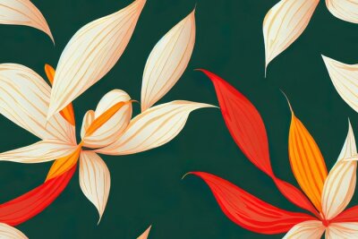 Papier peint  Seamless pattern of anthurium and strelitzia flowers. Massive blooms of red, orange, pink, and beige, with green foliage. Generative AI