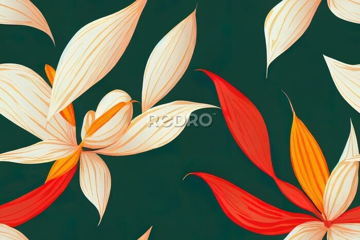 Papier peint  Seamless pattern of anthurium and strelitzia flowers. Massive blooms of red, orange, pink, and beige, with green foliage. Generative AI