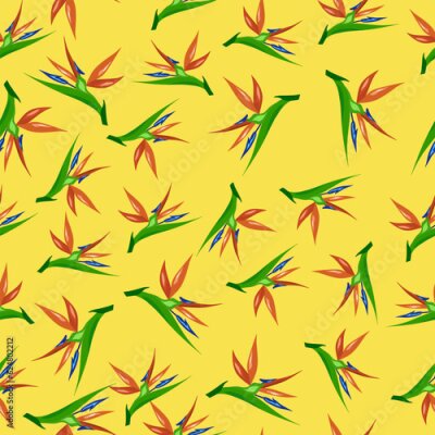 Papier peint  Seamless pattern of colorful strelitzia. Vector exotic flowers of a paradise bird isolated on yellow background.