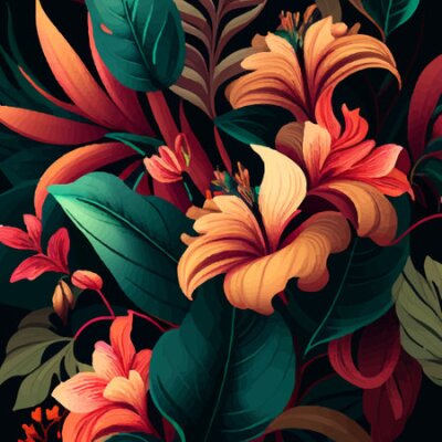 Papier peint  Seamless pattern of green tropical leaves with strelitzia, plumeria and hibiscus flowers on a dark background - Vector illustration