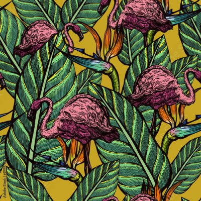 Papier peint  Seamless pattern of pink flamingos and exotic flowers. Strelitzia and tropical birds. Summer.