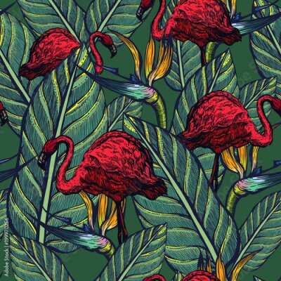 Papier peint  Seamless pattern of pink flamingos and flowers. Strelitzia and tropical birds. Summer. exotic nature.