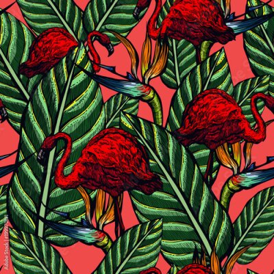 Papier peint  Seamless pattern of pink flamingos and flowers. Strelitzia and tropical birds. Summer. Exotic nature. Colorful background.