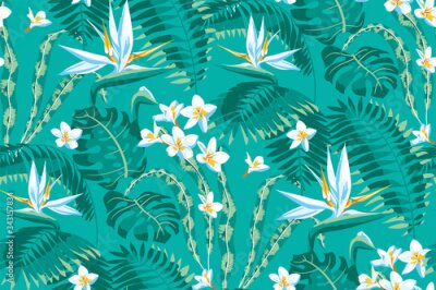 Papier peint  Seamless pattern of tropical leaves and flowers of plumeria and strelitzia on a turquoise background.