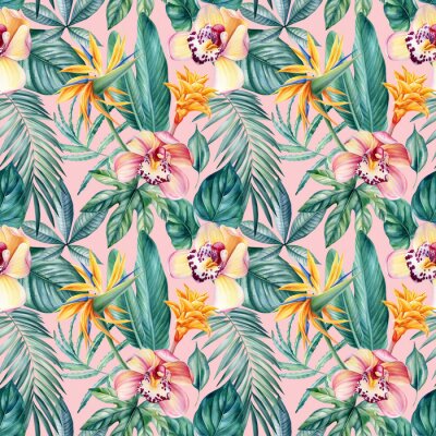 Papier peint  Seamless pattern of tropical leaves, orchid flowers and strelitzia, jungle background, watercolor painting