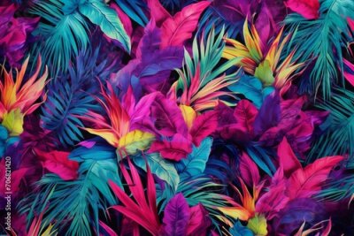 Papier peint  Seamless pattern of tropical palm leaves and strelitzia flowers