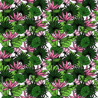 Papier peint  Seamless pattern of tropical strelitzia flower, palm tree leaves, lotus leaves and foliage. Hand-drawn doodle-style elements, bright flower and greenery. Tropics. Summer. Strelitzia. Isolated vector.