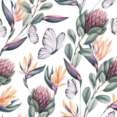 Papier peint  Seamless Pattern of Watercolor Butterflies, Protea and Strelitzia Flowers