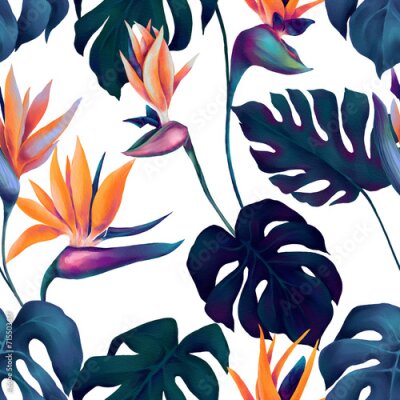 Papier peint  Seamless pattern of watercolor deep blue monstera leaves and vibrant strelitzia flowers