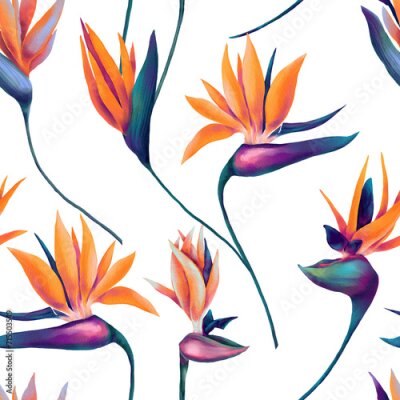 Papier peint  Seamless pattern of watercolor neon colored strelitzia flowers