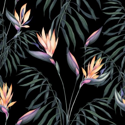 Papier peint  Seamless Pattern of Watercolor Palm Leaves and Strelitzia Flowers