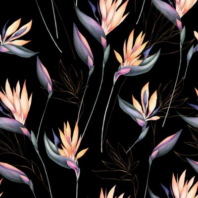 Papier peint  Seamless Pattern of Watercolor Strelitzia Flowers and Golden Elements