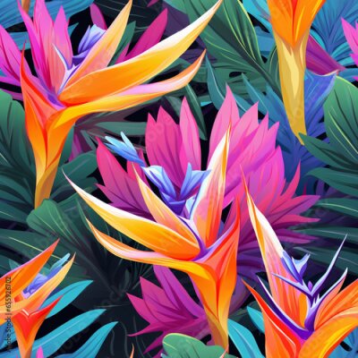 Papier peint  Seamless pattern palm eaves and Bird of paradise or Strelitzia Reginae, Watercolor illustration. strelizia flowers , Illustration of modern exotic jungle plants