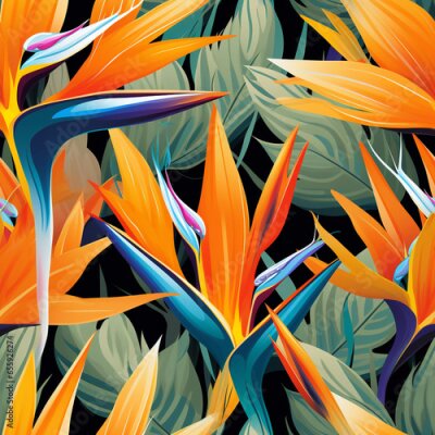 Papier peint  Seamless pattern palm eaves and Bird of paradise or Strelitzia Reginae, Watercolor illustration. strelizia flowers , Illustration of modern exotic jungle plants