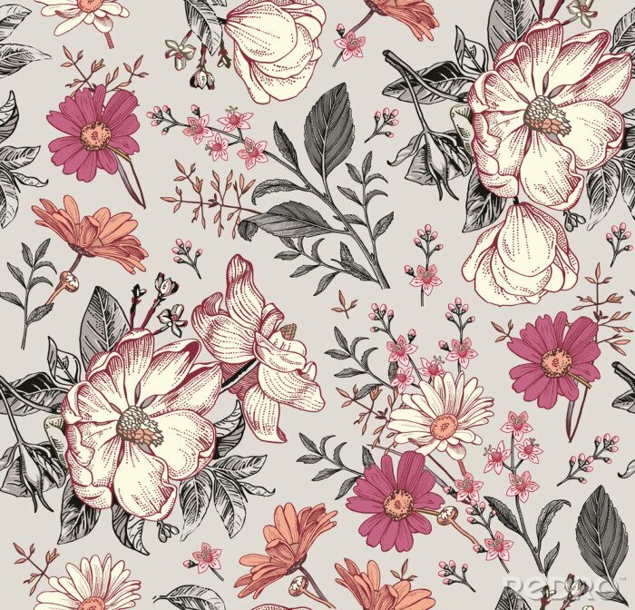 Papier peint  Seamless pattern. Realistic blooming isolated flowers Vintage fabric background. Beautiful Rosehip chamomile croton wildflowers. Wallpaper baroque. Drawing engraving. Vector victorian Illustration