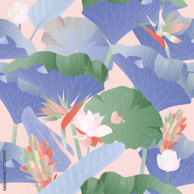 Papier peint   Seamless pattern. Red, yellow, blue aquatic and tropical flowers with large green leaves on a pink background. Vector illustration. Picture with lilies and strelitzia.