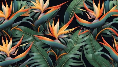 Papier peint  Seamless pattern, tropical strelitzia flowers, palm leaves in green color. 3d vintage illustration, dark background, premium texture, art. Luxury wallpaper, dark mural, cloth, curtains, Generative AI