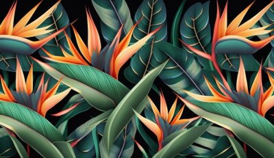 Papier peint  Seamless pattern, tropical strelitzia flowers, palm leaves in green color. 3d vintage illustration, dark background, premium texture, art. Luxury wallpaper, dark mural, cloth, curtains, Generative AI