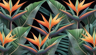 Papier peint  Seamless pattern, tropical strelitzia flowers, palm leaves in green color. 3d vintage illustration, dark background, premium texture, art. Luxury wallpaper, dark mural, cloth, curtains, Generative AI