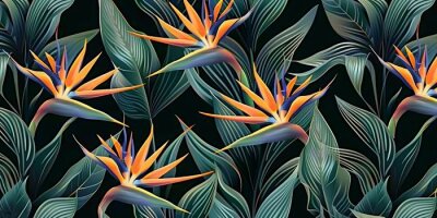 Papier peint  Seamless pattern, tropical strelitzia flowers, palm leaves in green color. 3d vintage illustration, dark background, premium texture, art. Luxury wallpaper, dark mural, cloth, curtains, Generative AI