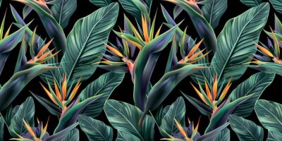 Papier peint  Seamless pattern, tropical strelitzia flowers, palm leaves in green color. 3d vintage illustration, dark background, premium texture, art. Luxury wallpaper, dark mural, cloth, curtains, Generative AI