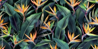 Papier peint  Seamless pattern, tropical strelitzia flowers, palm leaves in green color. 3d vintage illustration, dark background, premium texture, art. Luxury wallpaper, dark mural, cloth, curtains, Generative AI