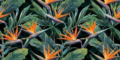 Papier peint  Seamless pattern, tropical strelitzia flowers, palm leaves in green color. 3d vintage illustration, dark background, premium texture, art. Luxury wallpaper, dark mural, cloth, curtains, Generative AI