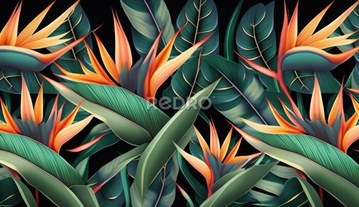 Papier peint  Seamless pattern, tropical strelitzia flowers, palm leaves in green color. 3d vintage illustration, dark background, premium texture, art. Luxury wallpaper, dark mural, cloth, curtains, Generative AI
