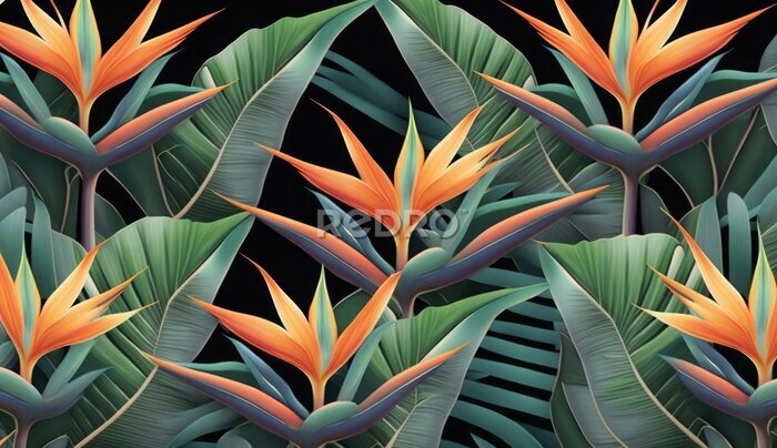 Papier peint  Seamless pattern, tropical strelitzia flowers, palm leaves in green color. 3d vintage illustration, dark background, premium texture, art. Luxury wallpaper, dark mural, cloth, curtains, Generative AI