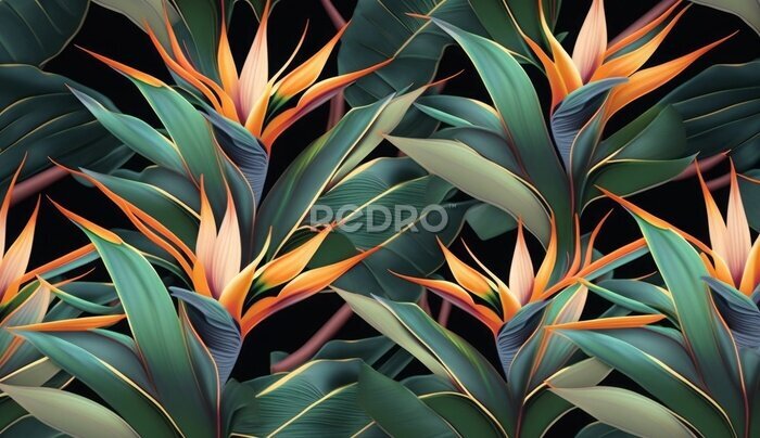 Papier peint  Seamless pattern, tropical strelitzia flowers, palm leaves in green color. 3d vintage illustration, dark background, premium texture, art. Luxury wallpaper, dark mural, cloth, curtains, Generative AI